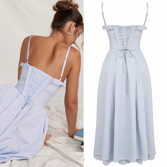 House of CB Jaime soft blue cotton broderie Anglais midi sundress - Picture 2 of 16